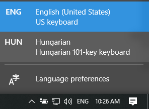 Taskbar keyboard switcher showing English and Hungarian keyboard layouts.